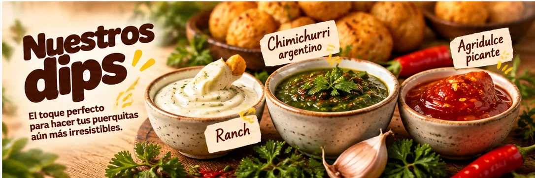 Nuestros dips: ranch, chimichurri argentino con perejil y agridulce picante.