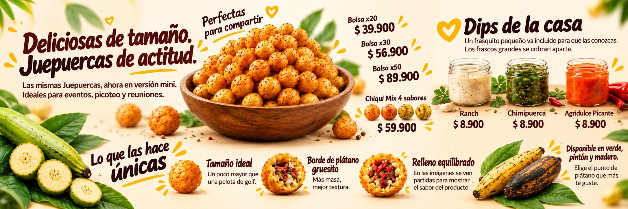Chiquipuerquitas para compartir, presentaciones y precios, los dips Ranch, Chimipuerca verde y Agridulce Picante, y lo que hace únicas a las Juepuercas.