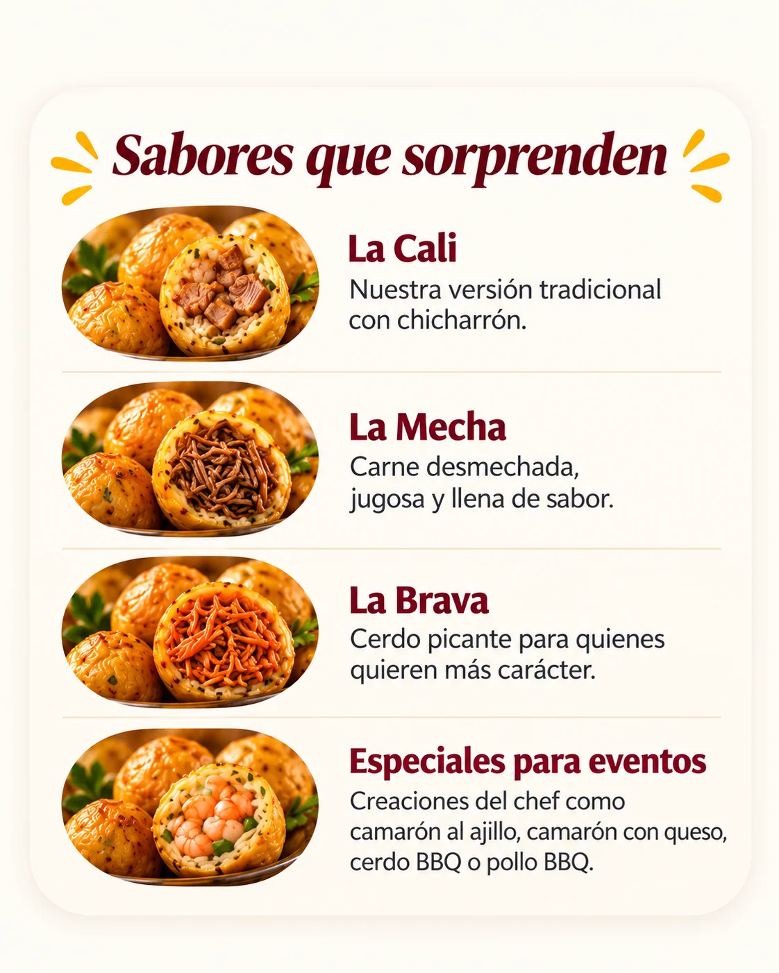 Sabores que sorprenden: La Cali, La Mecha, La Brava y especiales para eventos