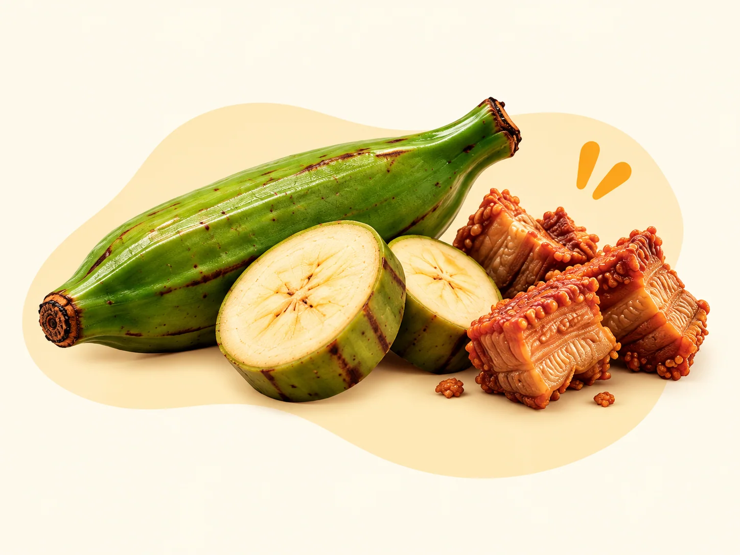Plátano verde en rodajas y chicharrón